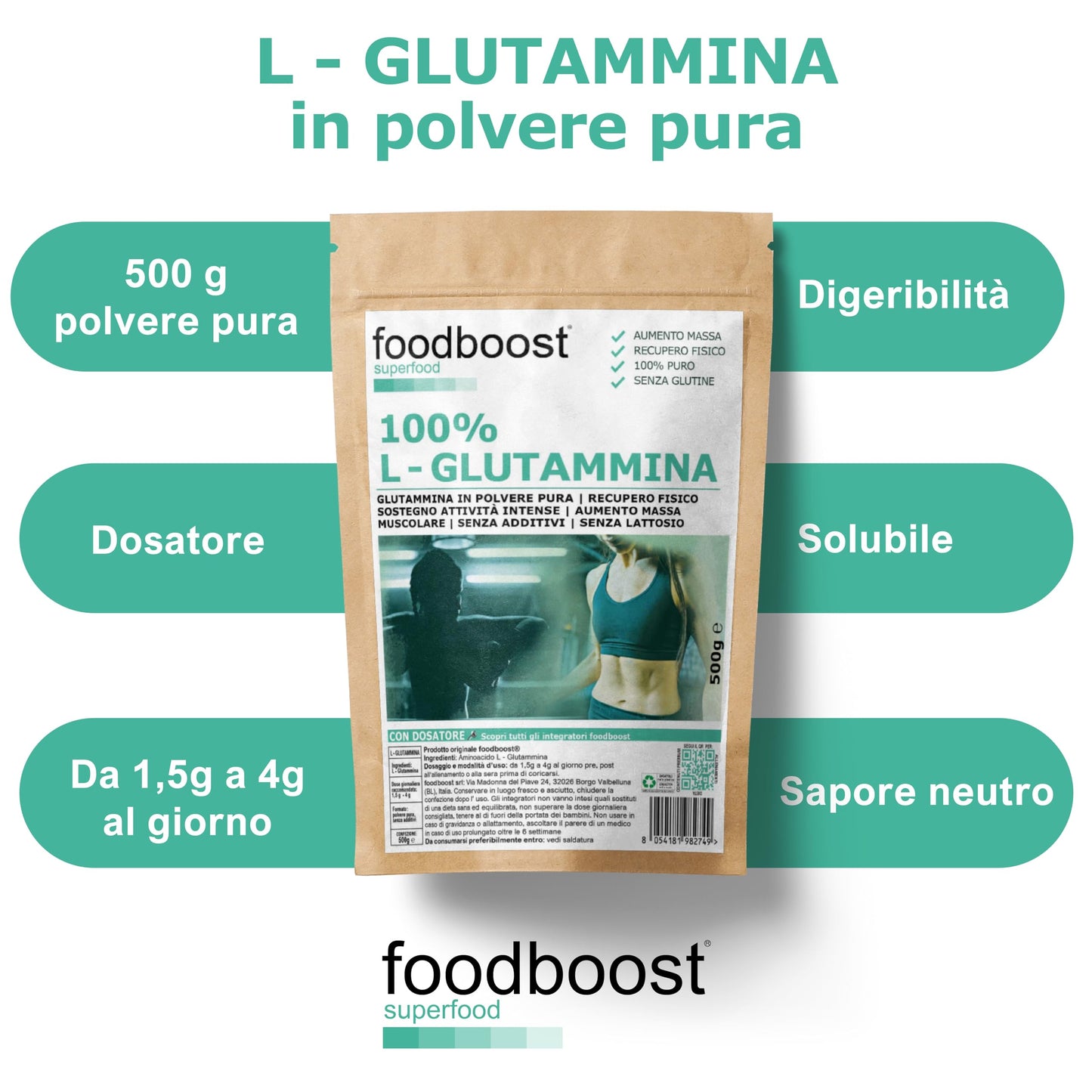 L - Glutammina pura in polvere da 500 g