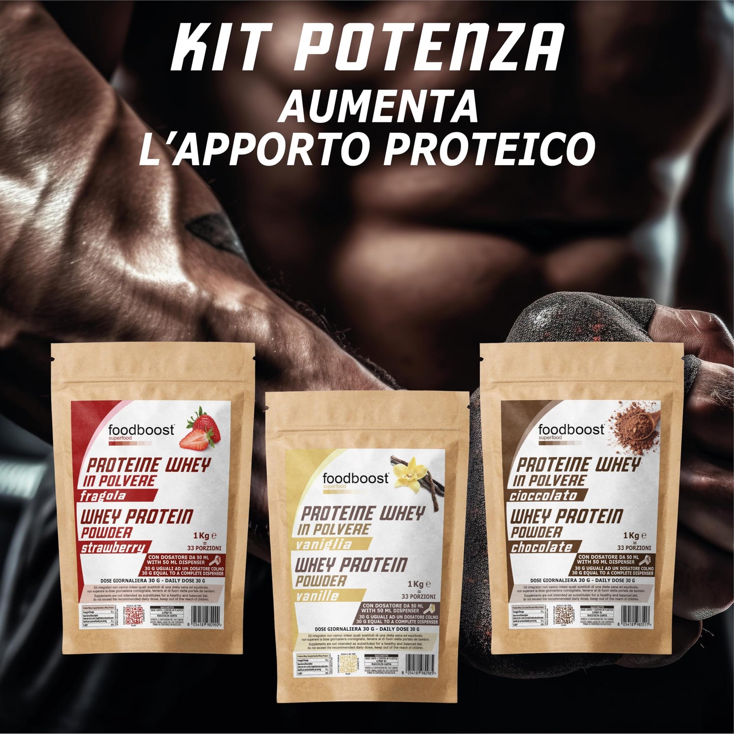 Kit Potenza - 3 KG di Proteine Whey 3 gusti fragola vaniglia cioccolato in polvere