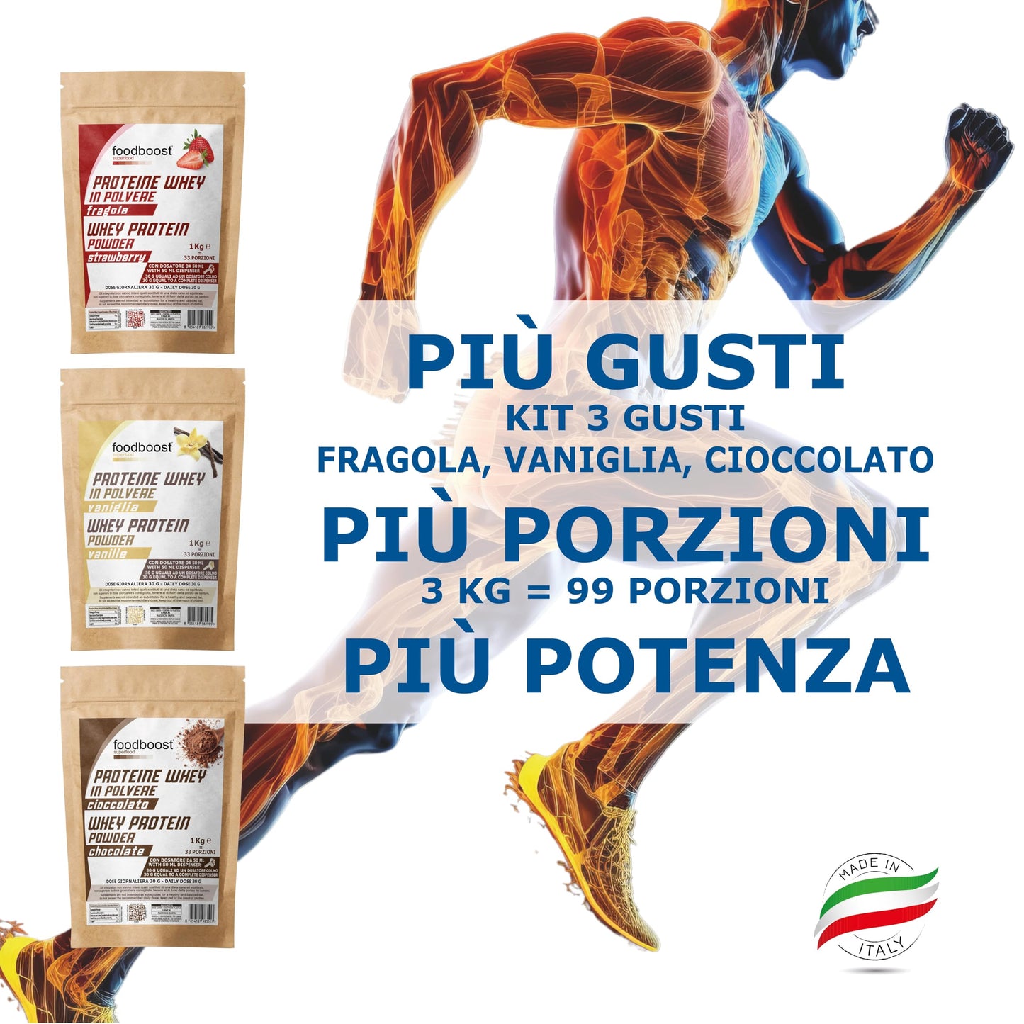 Kit Potenza - 3 KG di Proteine Whey 3 gusti fragola vaniglia cioccolato in polvere