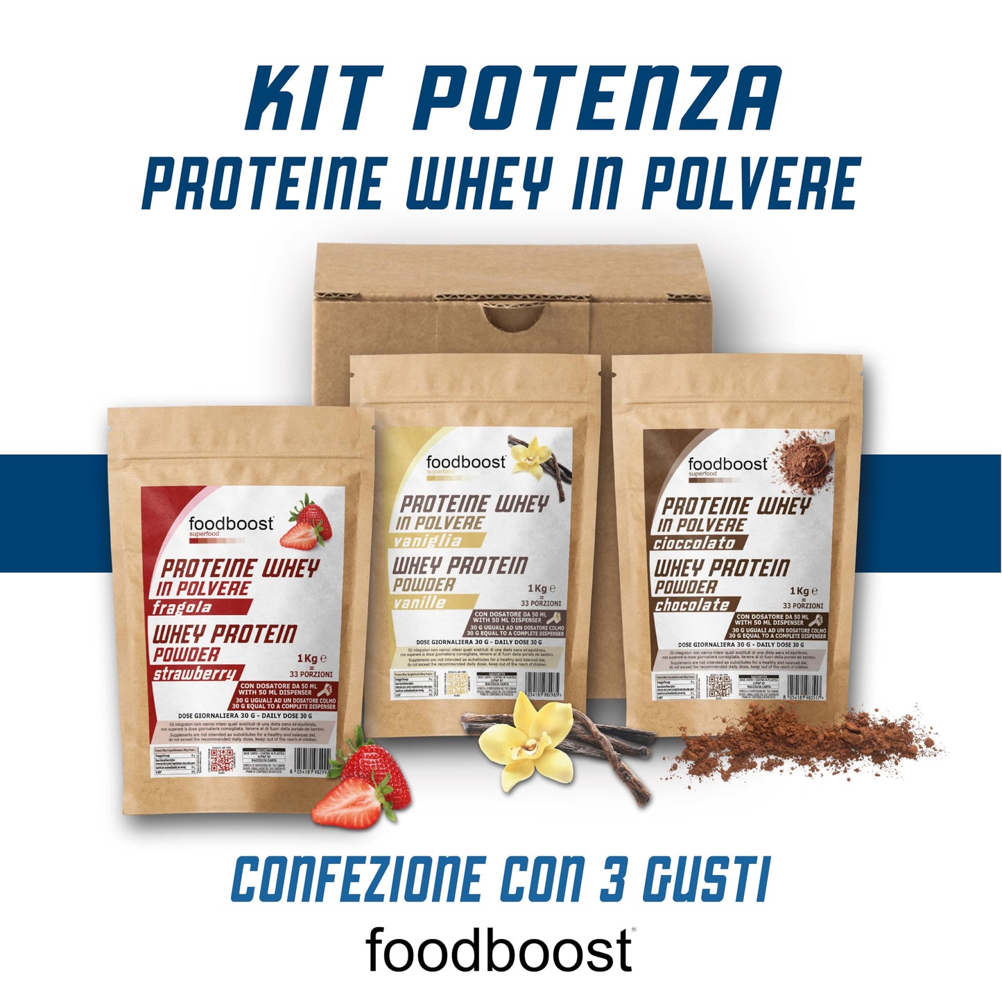Kit Potenza - 3 KG di Proteine Whey 3 gusti fragola vaniglia cioccolato in polvere
