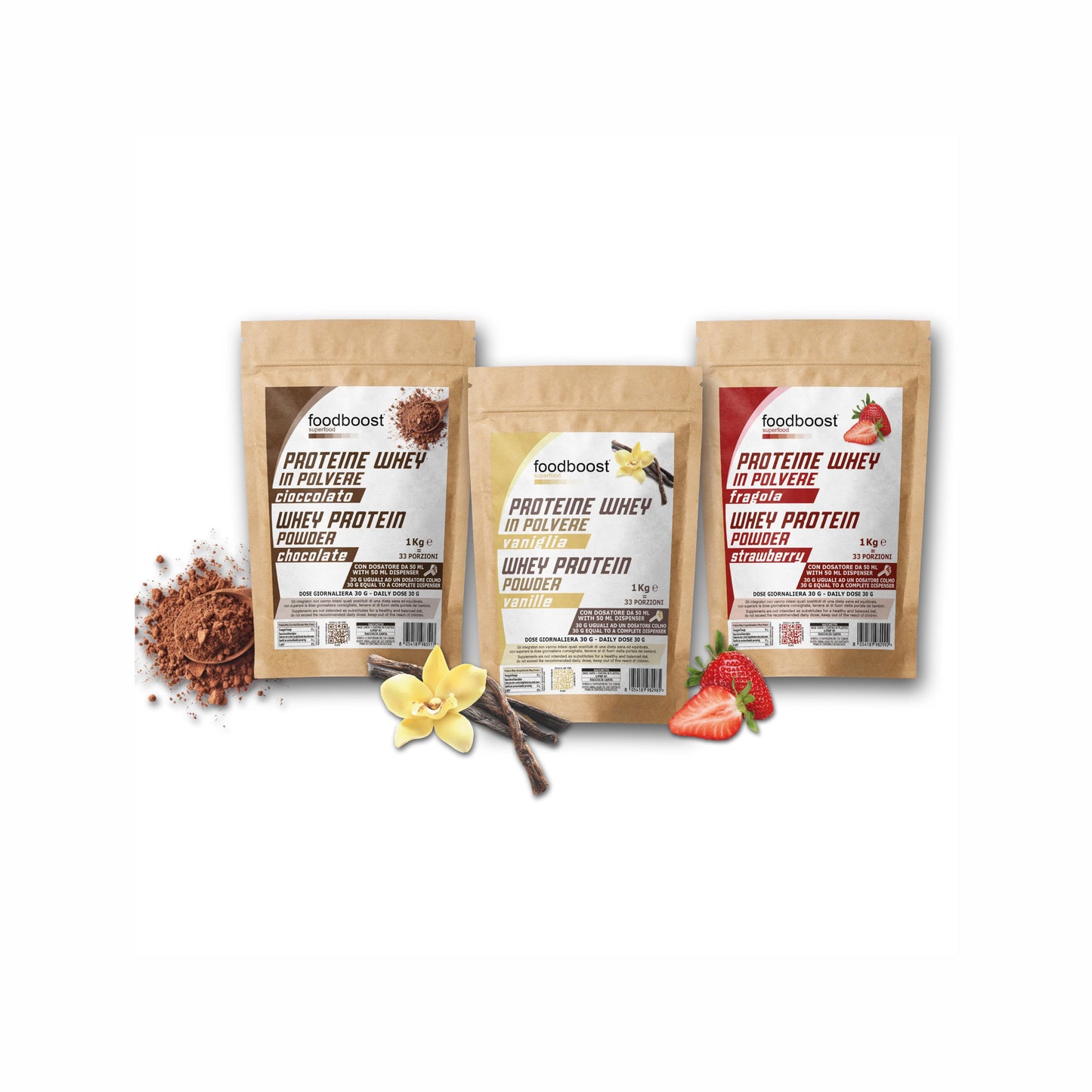 Kit Potenza - 3 KG di Proteine Whey 3 gusti fragola vaniglia cioccolato in polvere