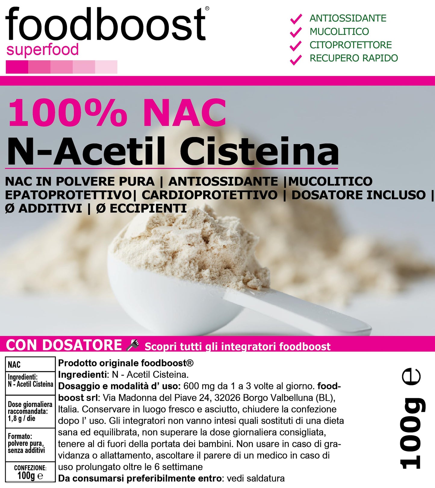 NAC N - Acetil Cisteina Pura in polvere da 100 g