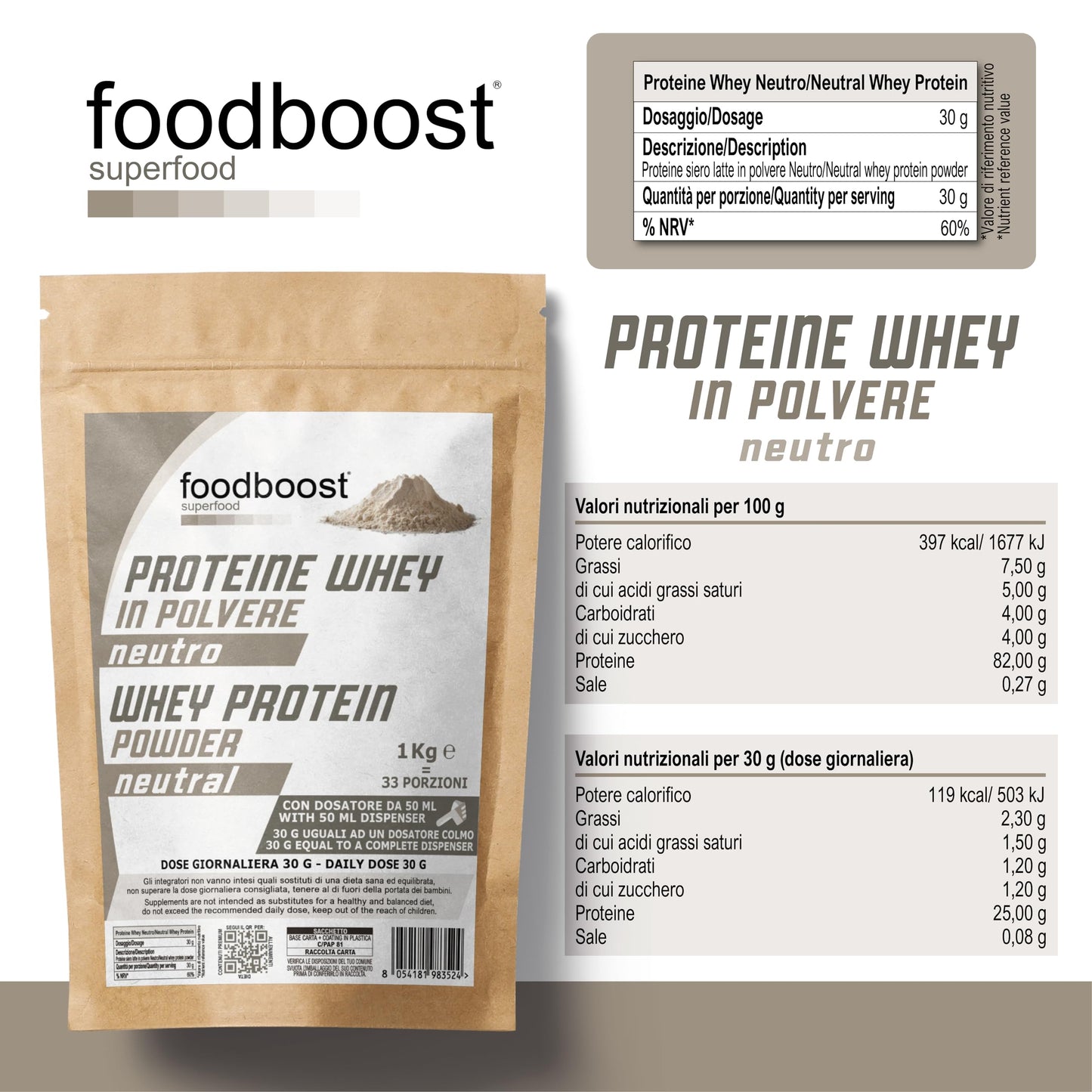 Proteine Whey Neutro da 1 kg in polvere