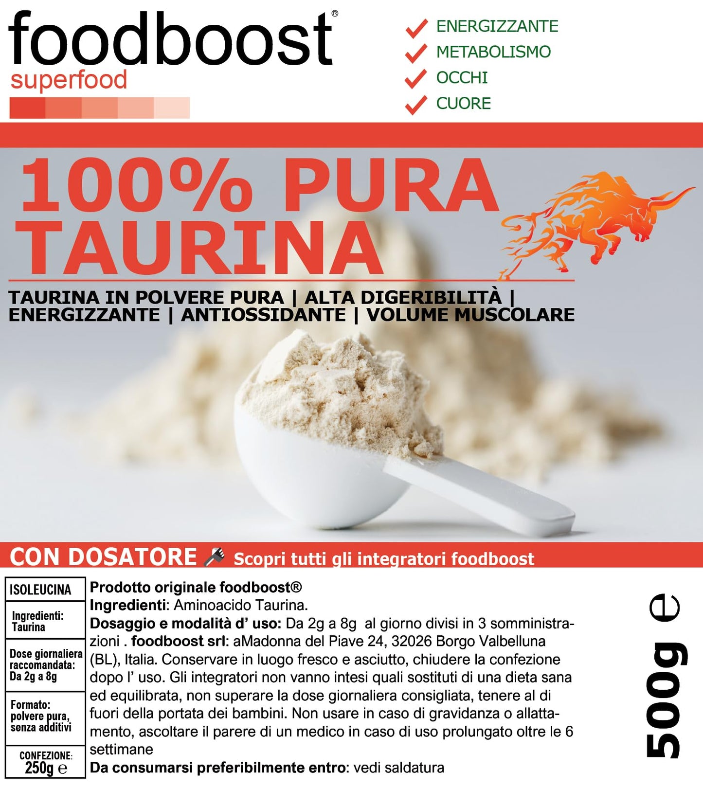 Taurina in polvere da 500 g