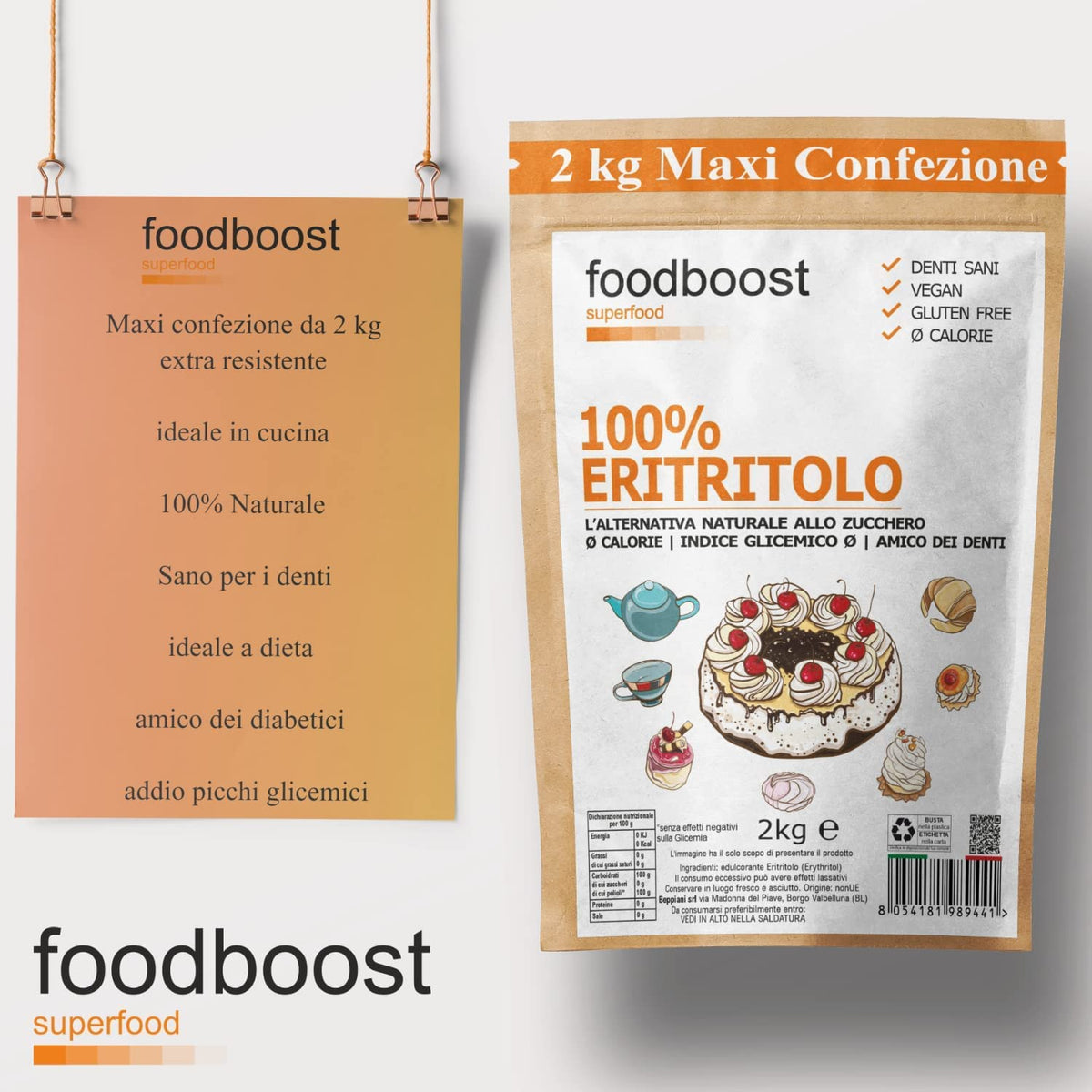 Eritritolo foodboost 2 Kg FoodBoost - etichetta e ingredienti