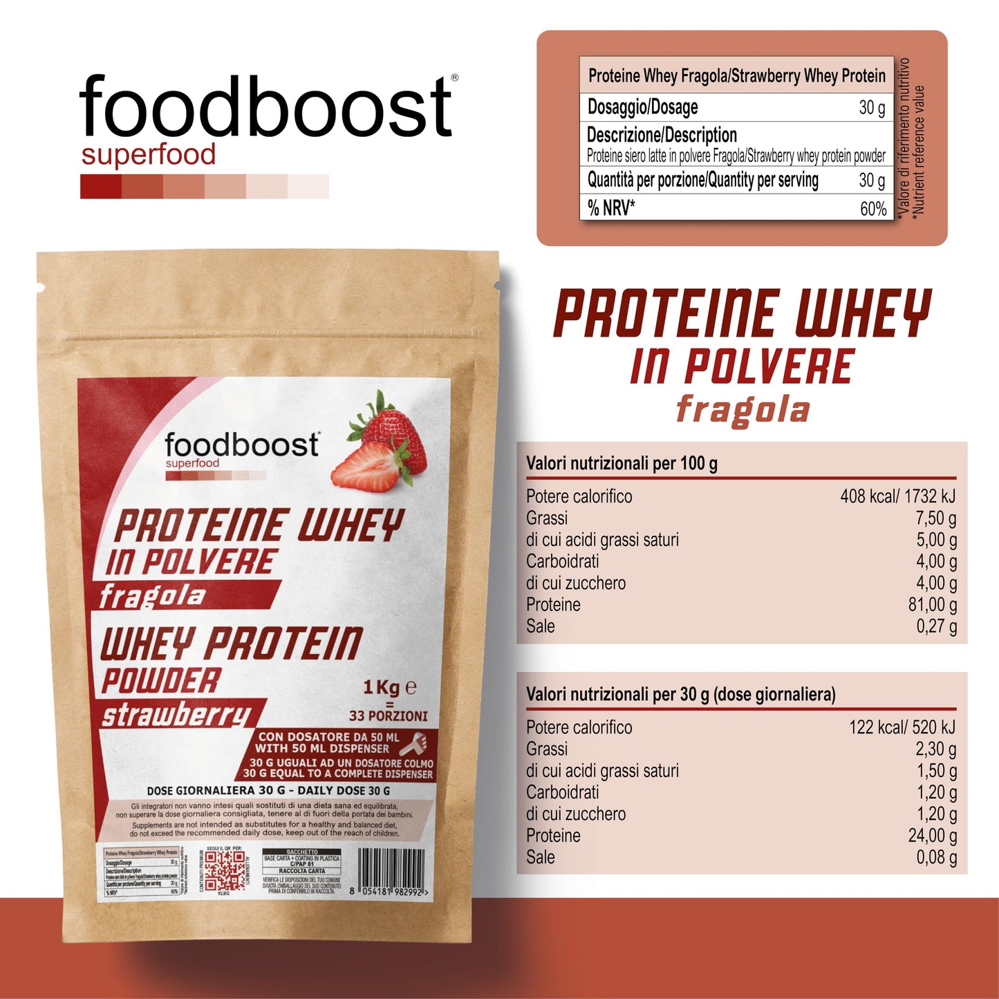 Proteine Whey Fragola da 1 kg in polvere